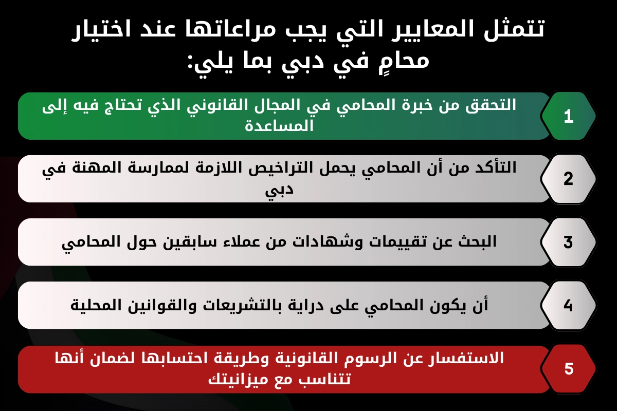 المعايير التي يجب مراعاتها عند اختيار محامٍ في دبي