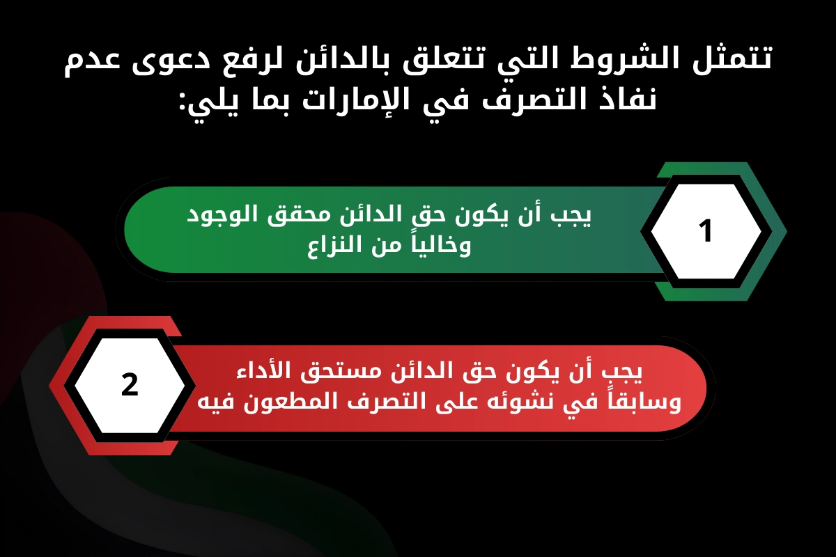 تتمثل الشروط التي تتعلق بالدائن لرفع دعوى عدم نفاذ التصرف في الإمارات بما يلي